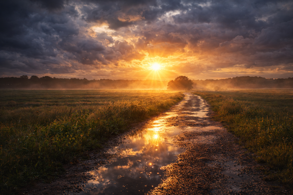 caminho molhado ao entardecer