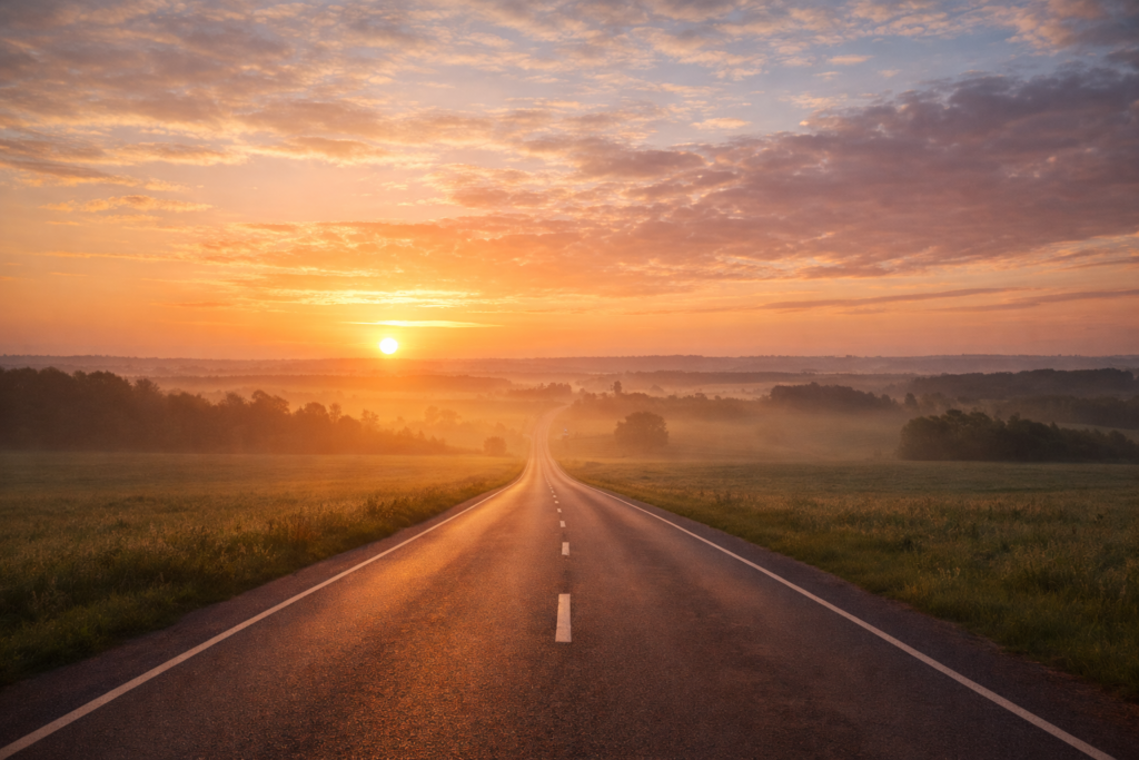 estrada ao amanhecer com nevoa