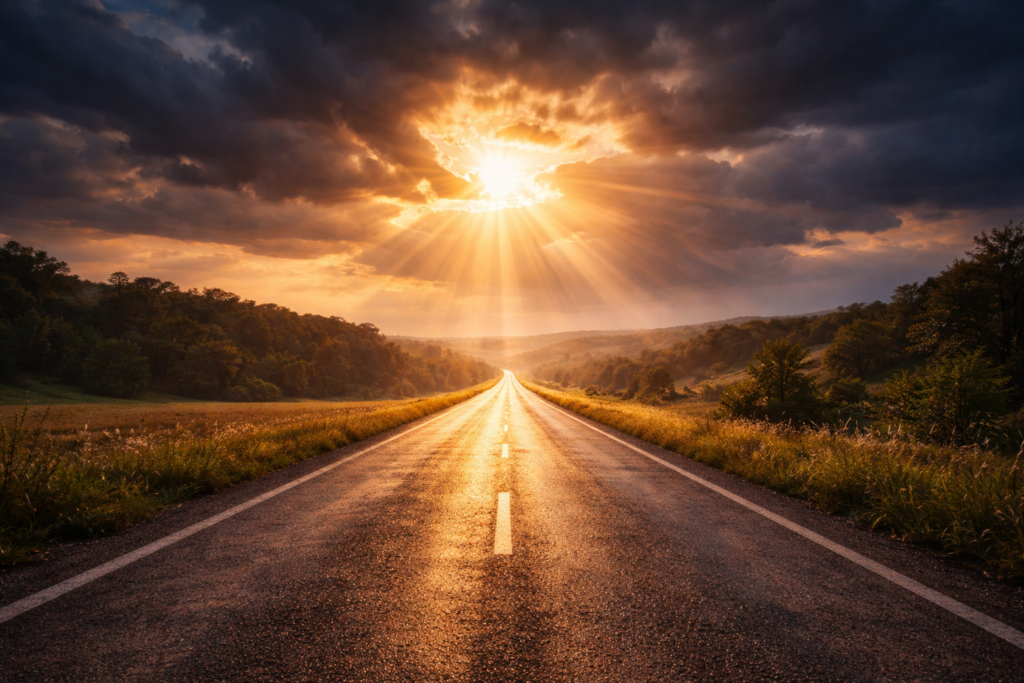 estrada dourada sob céu dramático