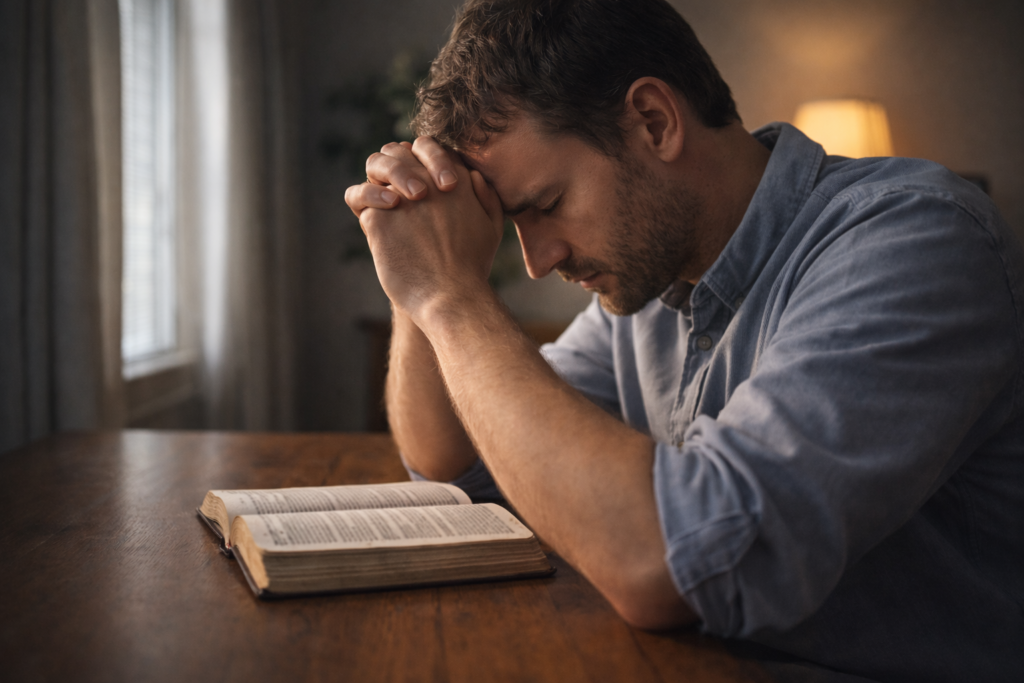 homem refletindo com a biblia
