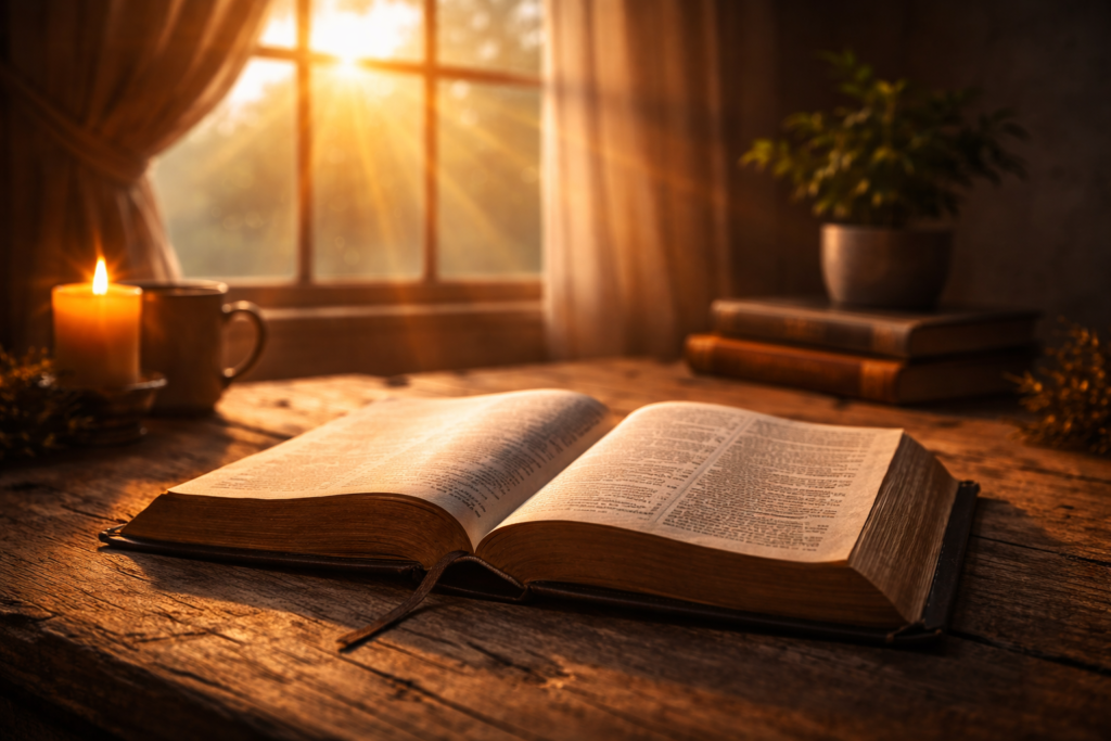 luz suave sobre a bíblia aberta